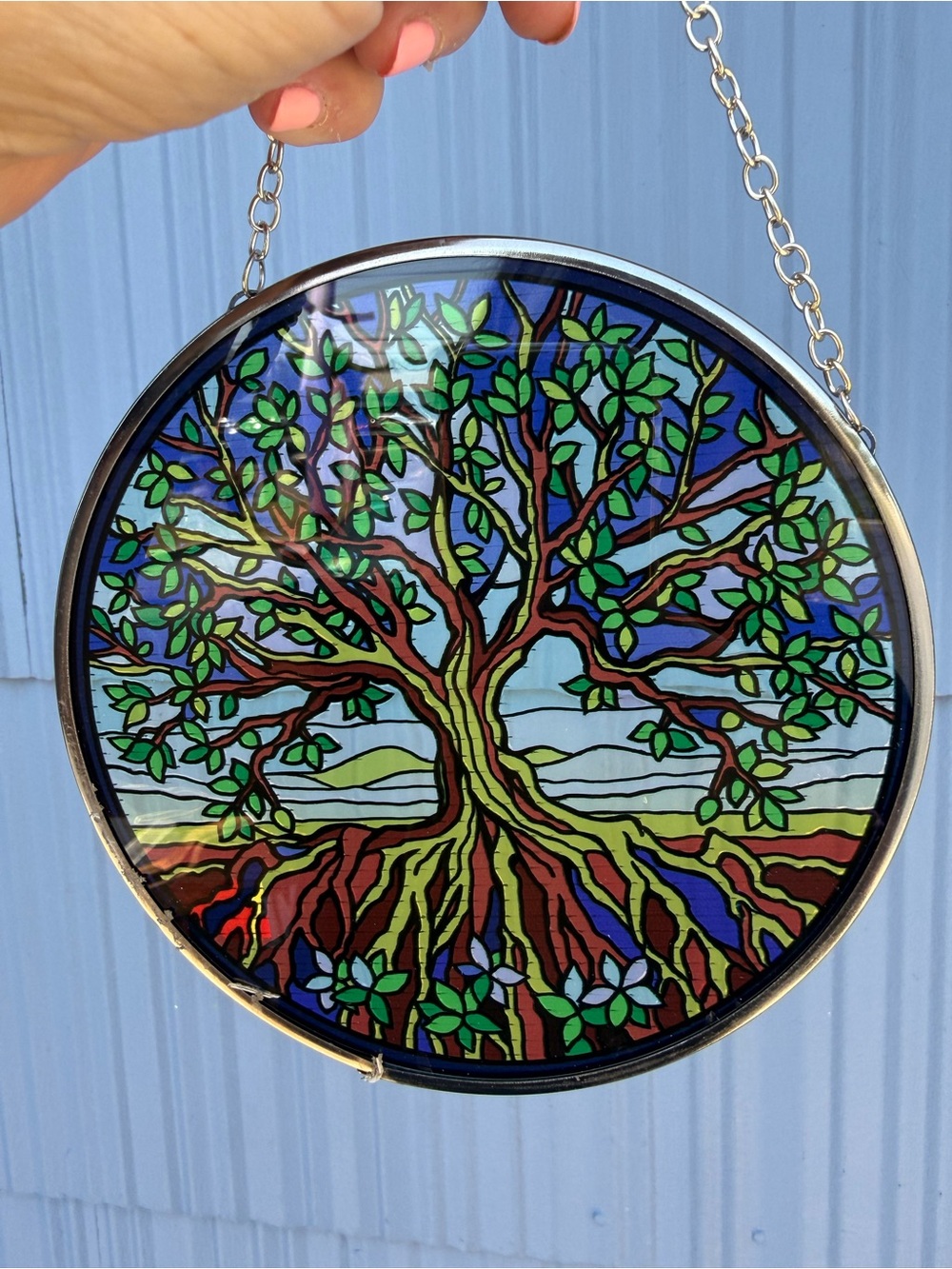 Tree of Life Stained Glass Circle Hanging - Green and Blue